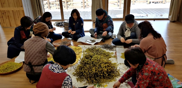 강릉 성산면 어흘리 마을주민들이 최근 국립대관령치유의숲에서 열린 '약선차 만들기 교육'에 참가하고 있다.