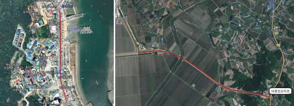 명품가로수길 조성 위치도(좌측 삼길포 일원, 우측 웰빙특구 진입로)