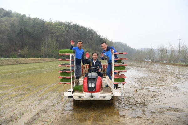 예산군, 충남도내 첫 모내기 실시 / 왼쪽부터 주우선 농업인, 황선봉 예산군수, 주진하 농협예산군지부장