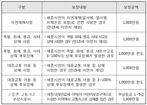 세종시민 안심보험 보장내용