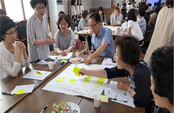 동 주민자치회는 지난 5일 동 회의실에서 마을의 문제를 스스로 해결하고자 모인 남녀노소 60인이 10명씩 6팀으로 구성하여 원탁회의를 진행