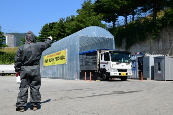 아프리카돼지열병 거점소독시설_시설 통과중인 차량