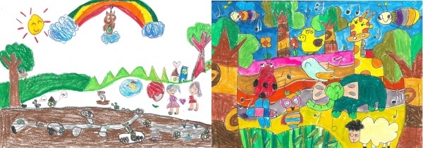 (좌)금상_친구와 같이 숲체험을 가요_이서현(선우어린이집), (우) 금상_노래하는 숲속 친구들_김태형(유림초3)