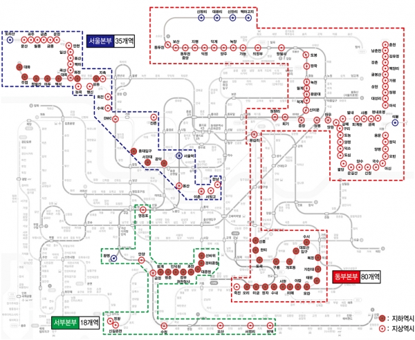 수도권본부 소관 133개 전철역사 승강장.