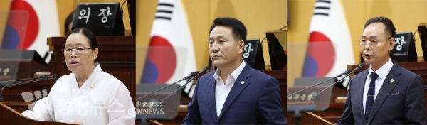 5분 발언 하는 서산시의회 유부곤, 가충순, 이수의 의원 / 충청뉴스 최형순 기자