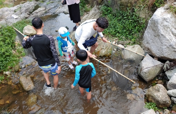 농촌마을 중소기업가족연수에 참가한 가족이 천렵체험을 하고 있다