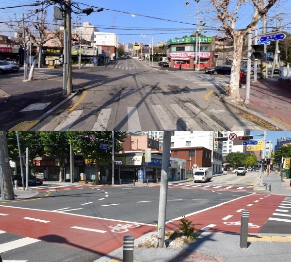 (위)자전거도로 정비전 모습, (아래) 자전거도로가 정비완료된 탄방동 고원식 교차로