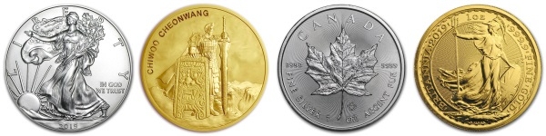 (왼쪽부터) 미국 아메리칸이글 은화,한국 치우천왕 금메달,_캐나다 메이플 은화,영국 브리타니아 금화