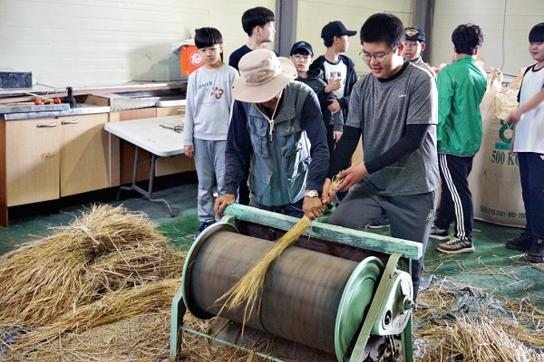 도농교류협력사업 시행단체로 선정된 서울 염경초 학생들이 경기도 양평 질울고래실마을에서 벼탈곡체험하며 밥 먹을때는 농부의 땀을 기억하겠다고 말했다