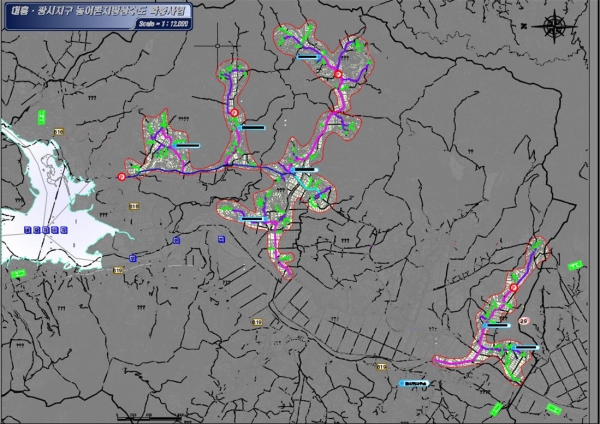 대흥·광시지구 급수구역도. 색깔이 있는 구역에서 상수도 공급이 가능함을 나타냄
