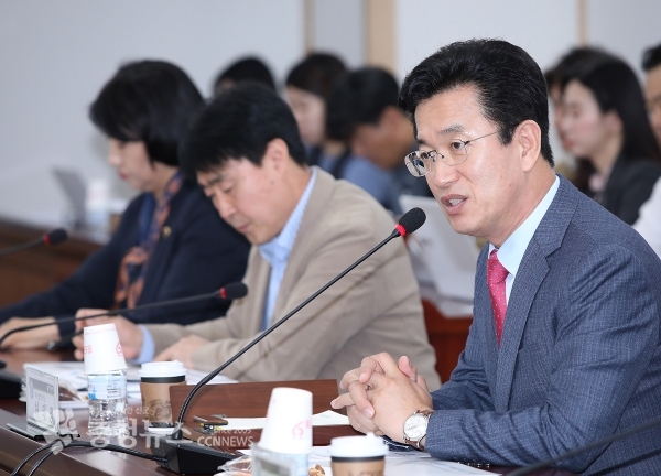 허태정 대전시장이 센트럴파크 기본계획용역 중간보고에서 발언하고 있다.