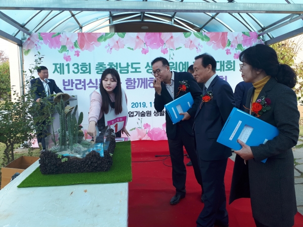 지난 5일 충청남도농업기술원에서 열린 제13회 충청남도생활원예 경진대회 접시정원 부문에서 최우수상을 받은 이서현 씨가 심사위원들에게 작품을 설명하고 있다.