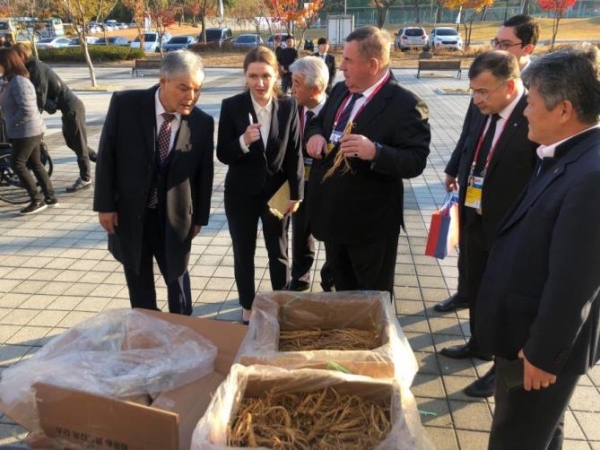 문정우 금산군수(왼쪽)가 바실리 셰스타코프 국제삼보연맹 회장에게 금산인삼을 소개하고 있는 모습