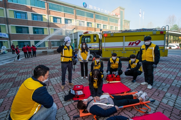 22일 대전 본사 사옥에서 전 임직원이 참여한 가운데 대전 전민119안전센터와 2019년 소방합동훈련 실시