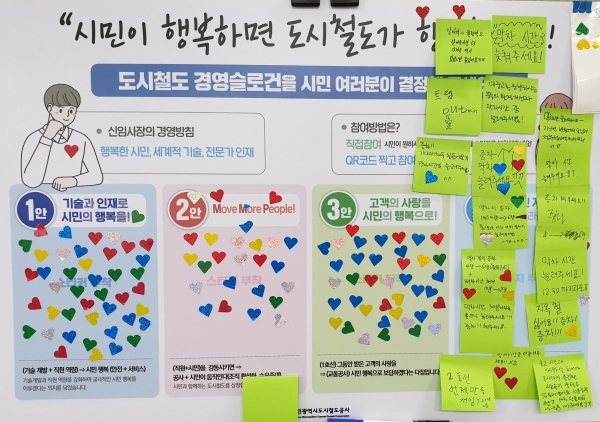 대전도시철도공사에서 진행중인 ‘시민이 만드는 대전도시철도 경영슬로건’ 용문역 설문보드.