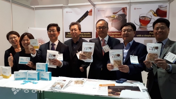 중동을 출장 중인 양승조 충남도지사가 3일(현지시작) 두바이에서 열린 제17회 중동 유기농 및 천연제품 박람회장을 찾아 도내 기업 관계자들을 격려한 뒤 기념사진을 찍고 있다.