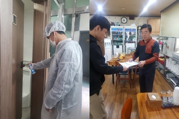 (좌) 화장실 손잡이 소독방법 ,(우) 위생수칙 등 안내문 배포