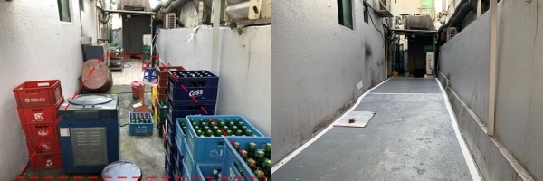 지난해 부설주차장 기능미유지로(물건적치) 위반된 사례, (우) 위반 후 개선된 사례