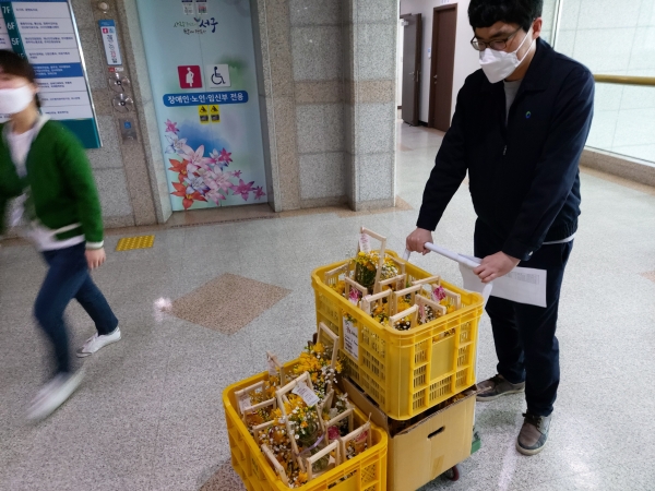 최근 코로나19 확산 방지를 위해 민간인의 공공청사 출입이 제한되고 있는 상황에서 ‘꽃 하나, 책상 가득’ 화훼업체 관계자의 출입 또한 어려워져 꽃 배송이 중단될 위기에 놓이자 서구청 직원이 직접 꽃 배달에 나섰다.