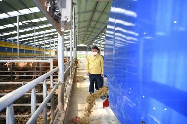 가축 배합사료 급여작업 자동화 시스템 살피는 황선봉 군수