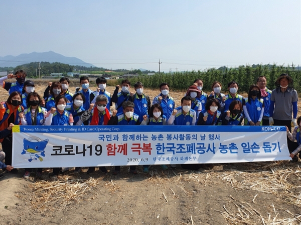 9일 화폐본부 직원 30여명이 코로나19로 일손이 부족한 경북 영천의 마늘 농가를 찾아 봉사활동을 펼쳤다.