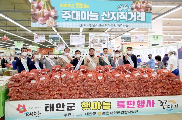 지난 9일 농협하나로마트 양재점에서 열린 ‘태안 햇마늘 대도시 직판행사’ 모습