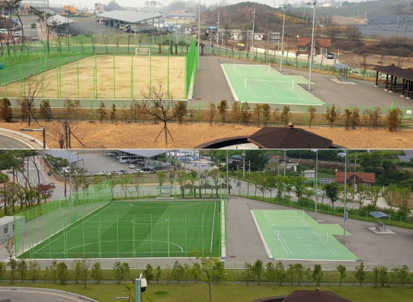 명학산단 체육시설 개선 시공 전(위)과 후(아래)