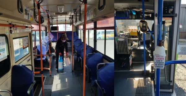 대천여객 차량 소독 및 손세정제 비치 장면