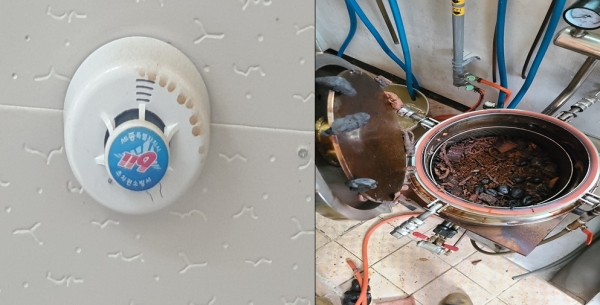 화재현장에 설치된 단독경보형감지기(왼쪽)와 화재가 발생한 약탕기(오른쪽)
