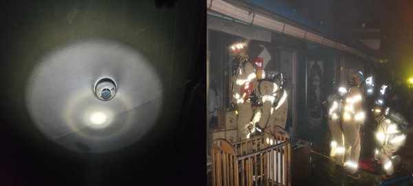 단독경보형감지기(왼쪽)와 화재가 발생한 단독주택(오른쪽)