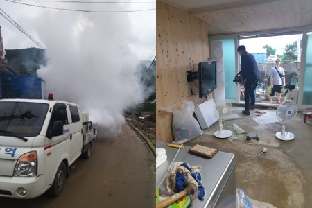 보건소 방역반이 집중호우로 침수피해를 입은 마을주변 및 주택을 집중 방역하고 있다.