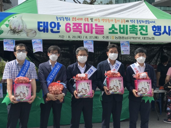 길정섭 본부장(가운데)은 한상근 태안농협조합장(오른쪽에서 두 번째) 등과 내포신도시에서 운영중인 충남농협 농특산물 직거래 목요장터에서 태안 6쪽마늘 소비촉진 판촉행사 모습