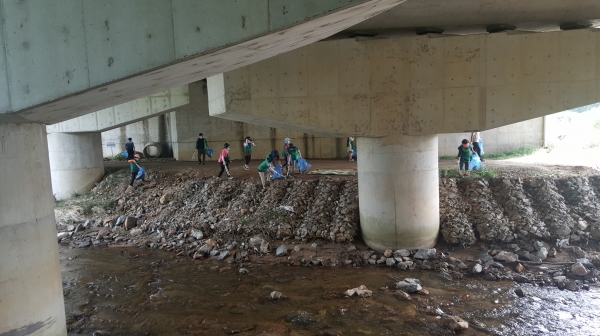 대청소 참여자들이 천변 환경정비를 하고 있다.