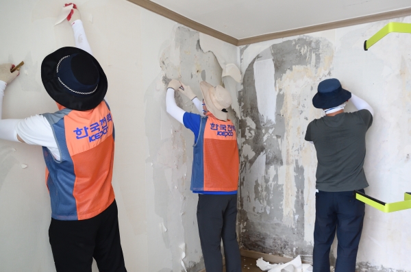 한전 전력연구원 자원봉사자들이 침수피해 아파트 벽지 도배 작업을 하고 있다.