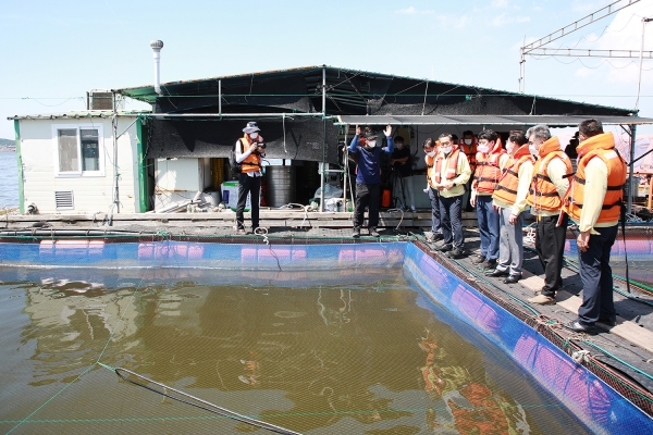 지난 25일 양승조도지사와 천수만 가두리 양식장 점검 모습