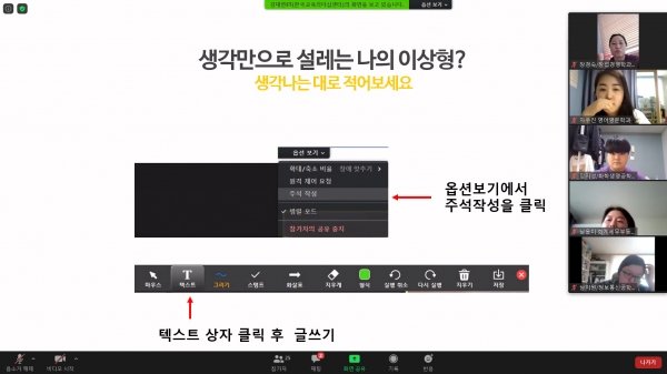 ZOOM을 활용해 ‘성공하는 사람들의 7가지 습관’ 온라인 리더십캠프가 운영되고 있는 모습