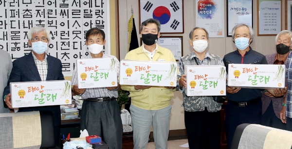 지난 2일 가세로 태안군수 집무실에서 열린 ‘태안달래 포장박스’ 전달식 모습.