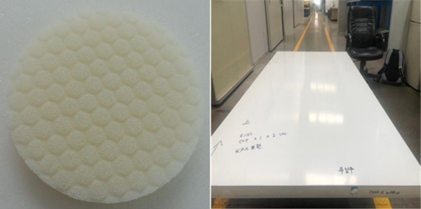 이산화탄소를 활용해 제조한 화장품 쿠션(왼쪽)과 건축단열재.