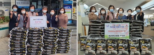 왼쪽 사진부터 노혜경 병동간호 2과장, 최진희 외래간호 과장, 박순선 간호부장, 대사동 주민센터 강창석 동장,                             민효숙 병동간호 1과장, 송혜란 특수간호 과장             //오른쪽 사진부터 송혜란 특수간호 과장, 최진희 외래간호 과장, 박순선 간호부장, 문화1동 주민센터 안미정 동장                              민효숙 병동간호 1과장, 노혜경 병동간호 2과장