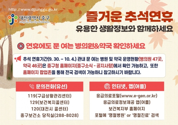 명절 연휴기간 문여는 병원 등 안내문