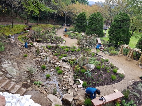 시민정원사들을 비롯한 참여자들이 작은 정원쉼터를 조성하고 있다.