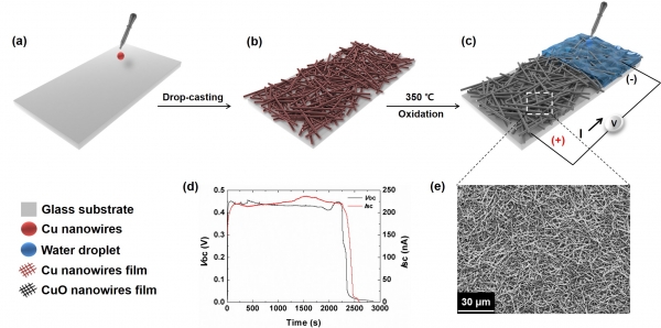 다공성 산화구리 나노선 필름형 소자의 제조 및 작동 모식도.
