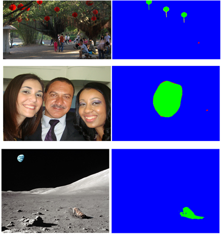 왼쪽 사진에 편집이 가해진 부분이 KAIST가 개발한 SW가 탐지한 결과를 통해 오른쪽에  표시되고 있다.