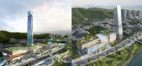 대전 사이언스콤플렉스 2014년 공모 당시 조감도(좌), 설계 변경 후 조감도(우)