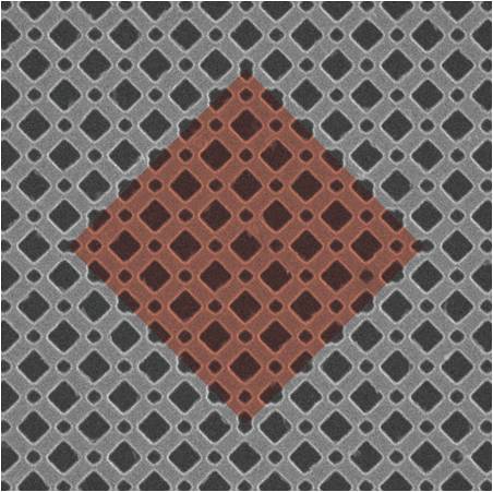 제작된 사각격자(붉은색 표시) 레이저 구조의 전자현미경 사진. 사각격자의 네 모서리 부분에서 모서리 상태가 나타나며 이들 상태가 서로 가까워지면 결합하여 새로운 상태가 나타난다.