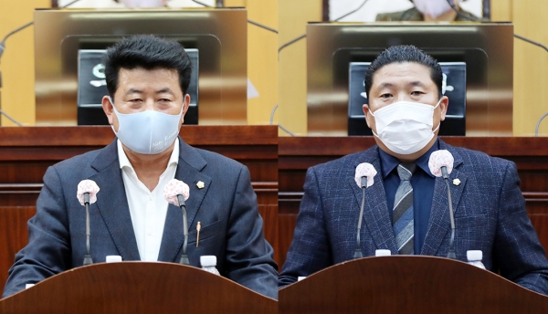 (사진 왼쪽부터) 장갑순, 최일용 서산시의원이 제257회 제2차 정례회 제1차 본회의에서 5분발언을 진행하고 있다.