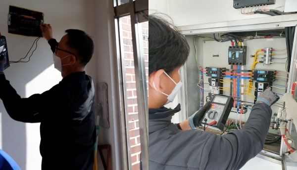 (좌)부석 마룡리 경로당 전기안전진단 장면(절연저항측정), (우)예천3통 경로당 전기안전진단 장면(절연저항측정)