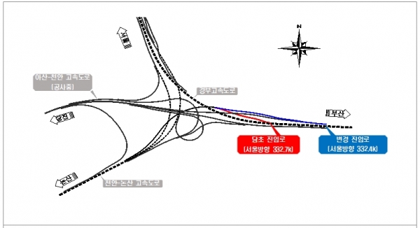 경부선(서울방향) 천안JC 논산 방향 진입로 변경 현황도
