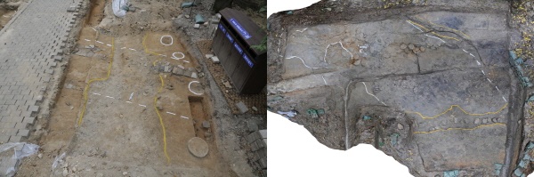 (좌)군창지 구간 와적기단 건물지, (우) 궁녀사 구간 집수시설