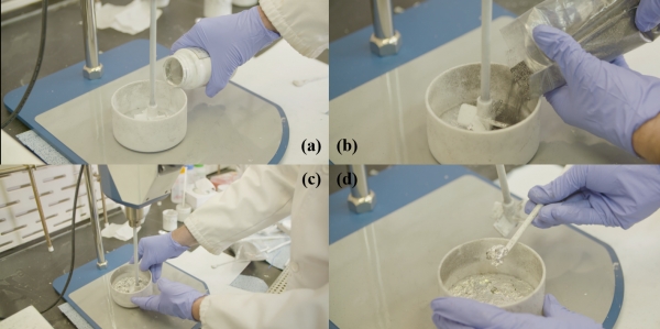 기능성 복합소재를 형성하는 과정. 순수한 액체 상태의 갈륨(a)에 흑연(b)을 섞은 뒤 수분 동안 저어주면(c) 밀가루 반죽 같은 형태의 복합소재(d)가 만들어진다.